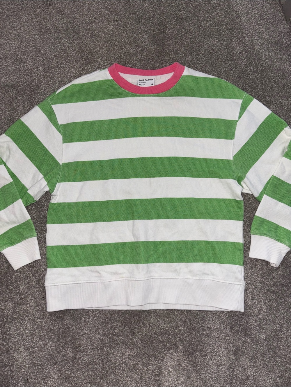 Frank & Oak- SIZE XS -100% Cotton- Striped Green & White Crewneck Sweater - Picture 2 of 7